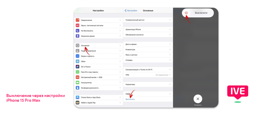 Выключение iPhone 15 Pro Max через настройки